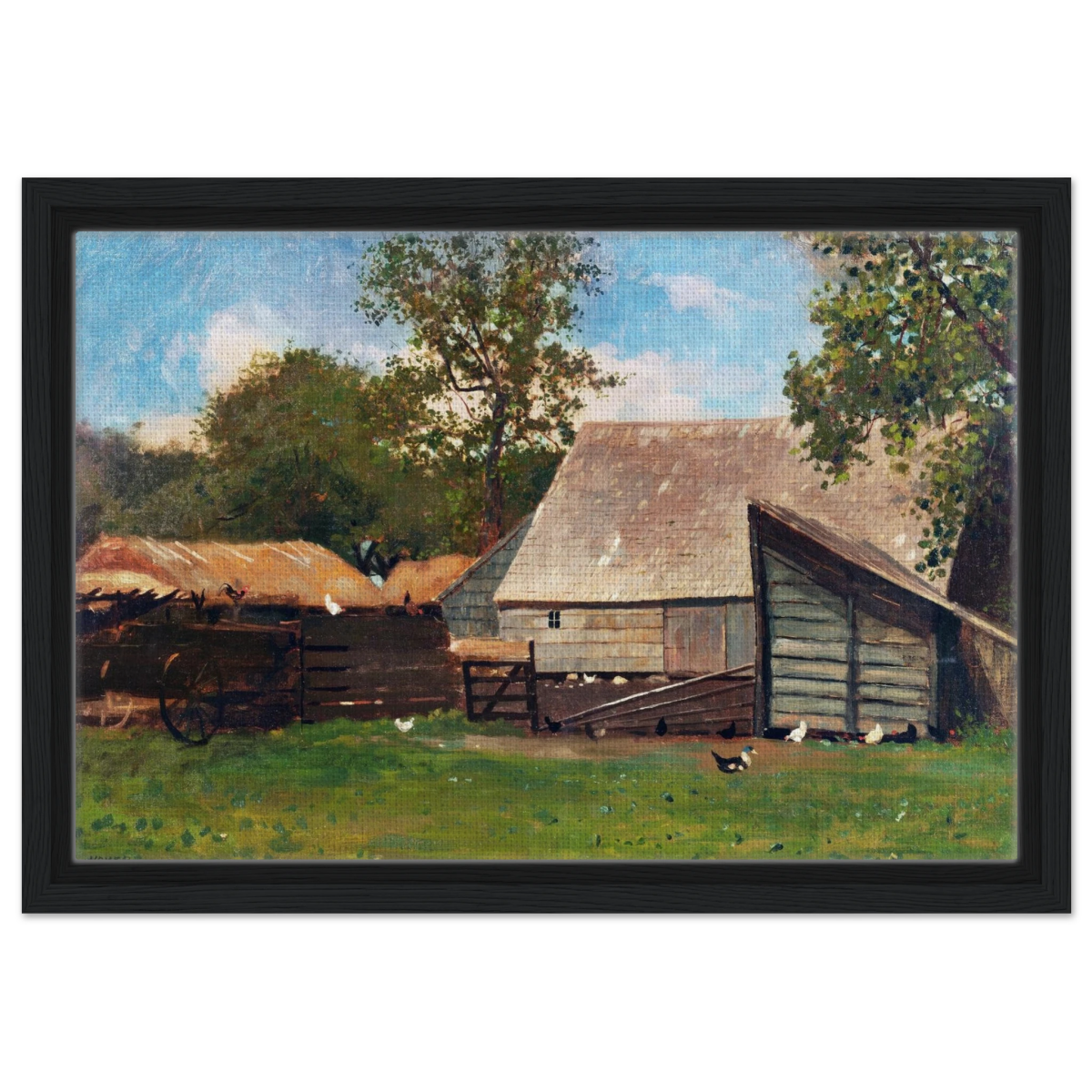 Barnyard Scene – Winslow Homer Rustic Americana Wall Art Print - Framed Canvas - 30x45 cm / 12x18″ - Black frame
