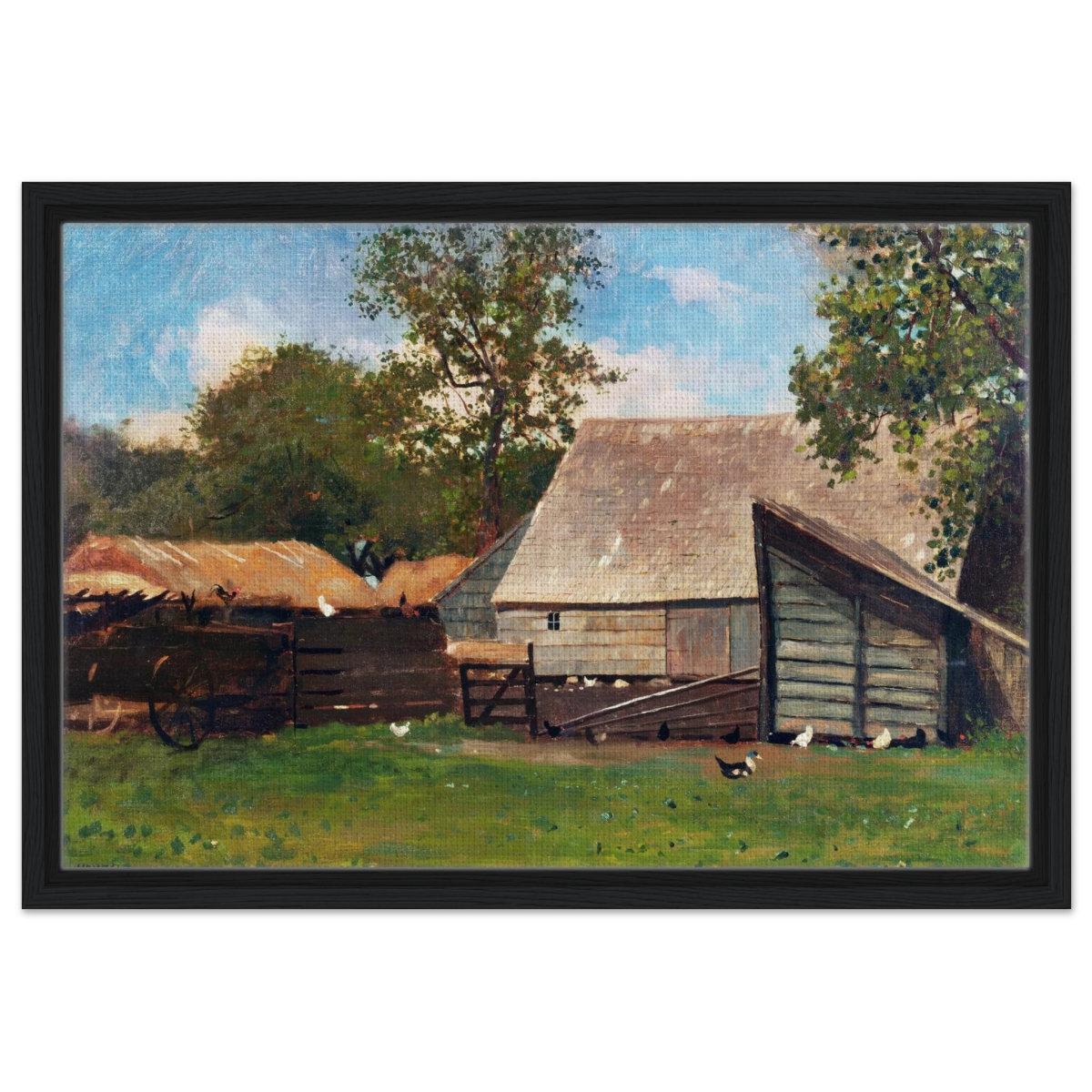Barnyard Scene – Winslow Homer Rustic Americana Wall Art Print - Framed Canvas - 40x60 cm / 16x24″ - Black frame