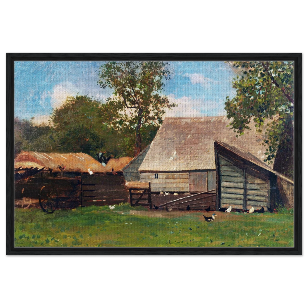 Barnyard Scene – Winslow Homer Rustic Americana Wall Art Print - Framed Canvas - 60x90 cm / 24x36″ - Black frame
