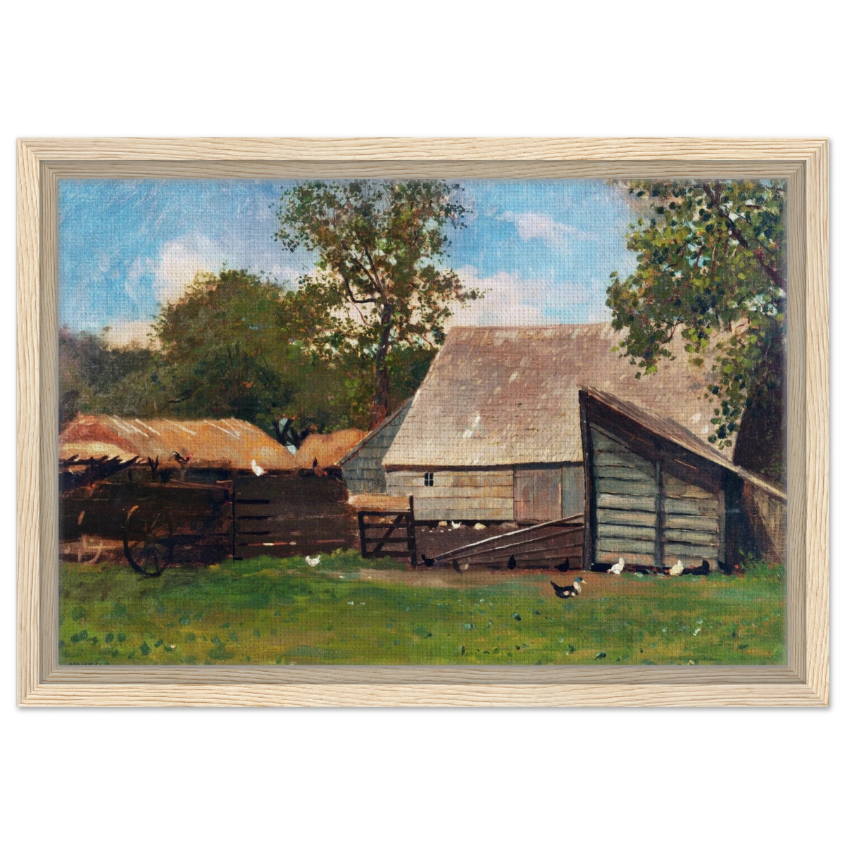 Barnyard Scene – Winslow Homer Rustic Americana Wall Art Print - Framed Canvas - 30x45 cm / 12x18″ - Wood frame