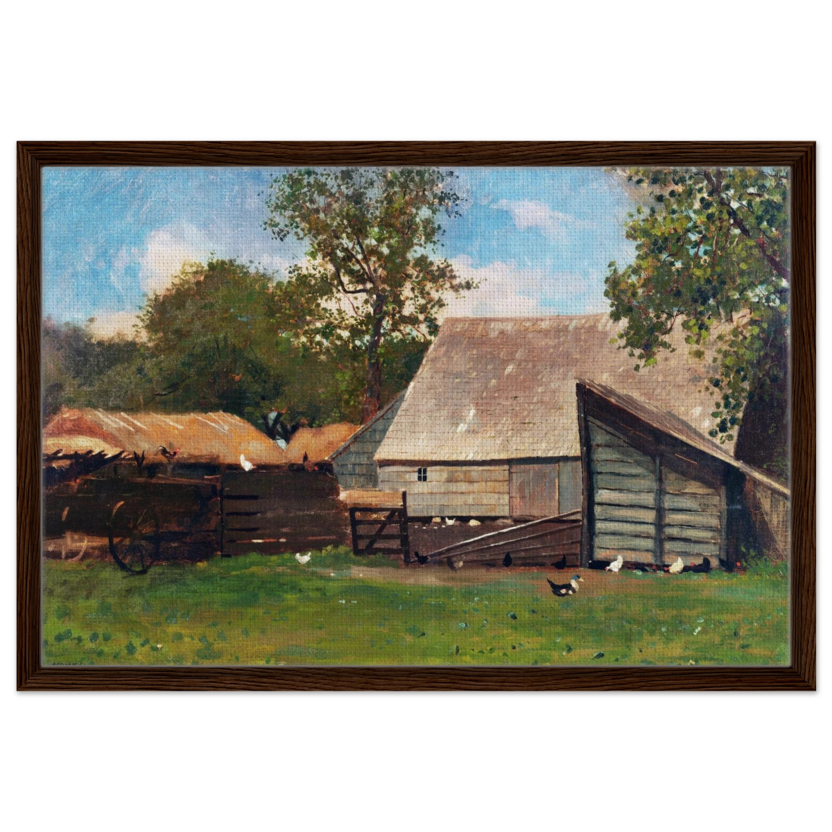 Barnyard Scene – Winslow Homer Rustic Americana Wall Art Print - Framed Canvas - 50x75 cm / 20x30″ - Dark wood frame