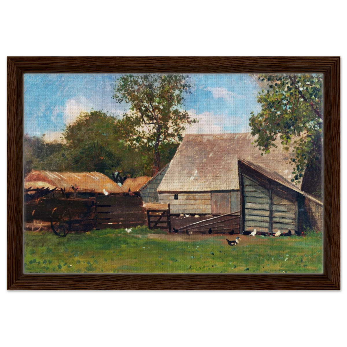 Barnyard Scene – Winslow Homer Rustic Americana Wall Art Print - Framed Canvas - 30x45 cm / 12x18″ - Dark wood frame