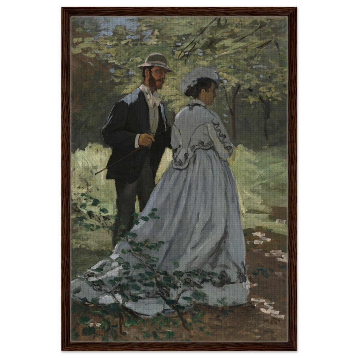 Bazille and Camille (Study for "Déjeuner sur l'Herbe"), 1865 by Claude Monet | Vintage Art Wall art print - Framed Canvas - 60x90 cm / 24x36″ - Dark wood frame