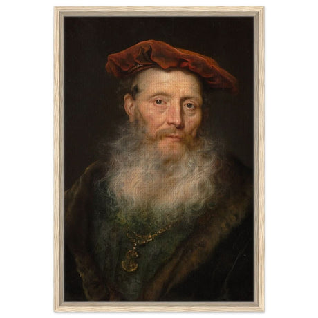 Bearded Man with a Velvet Cap by Govert Flinck | Vintage Wall art print - Framed Canvas - 50x75 cm / 20x30″ - Wood frame