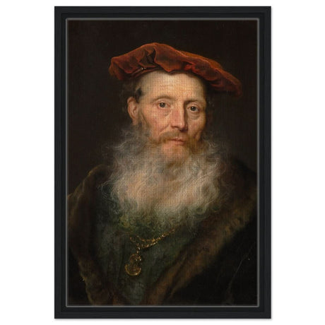 Bearded Man with a Velvet Cap by Govert Flinck | Vintage Wall art print - Framed Canvas - 40x60 cm / 16x24″ - Black frame
