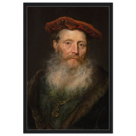Bearded Man with a Velvet Cap by Govert Flinck | Vintage Wall art print - Framed Canvas - 60x90 cm / 24x36″ - Black frame