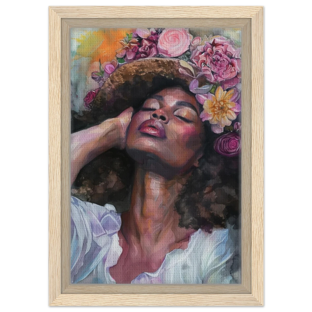 "Bloom in Serenity" – Floral Portrait Watercolor Art | Wall art Print - Framed Canvas - 20x30 cm / 8x12″ - Wood frame