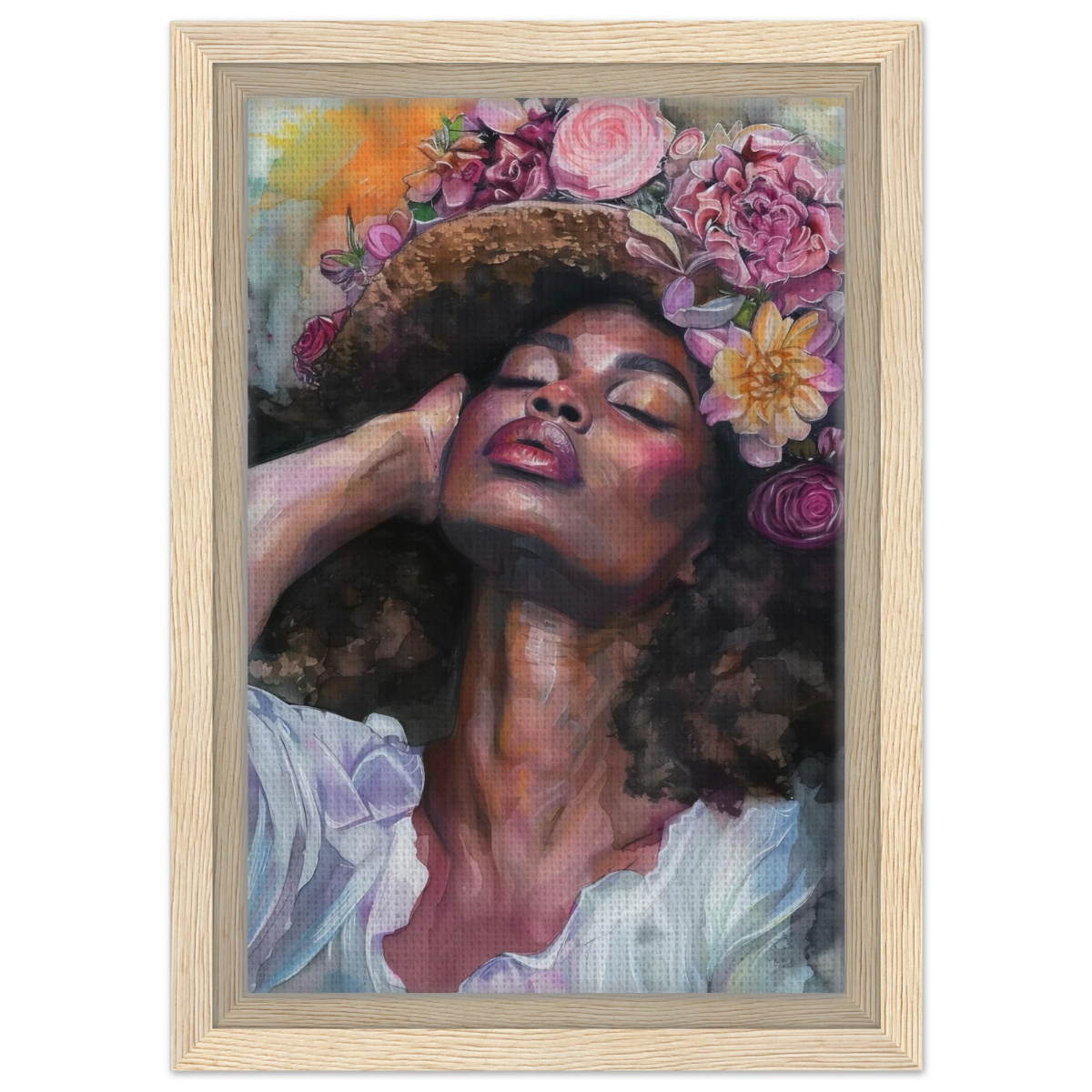"Bloom in Serenity" – Floral Portrait Watercolor Art | Wall art Print - Framed Canvas - 20x30 cm / 8x12″ - Wood frame
