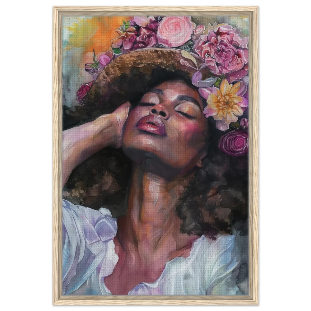 "Bloom in Serenity" – Floral Portrait Watercolor Art | Wall art Print - Framed Canvas - 50x75 cm / 20x30″ - Wood frame