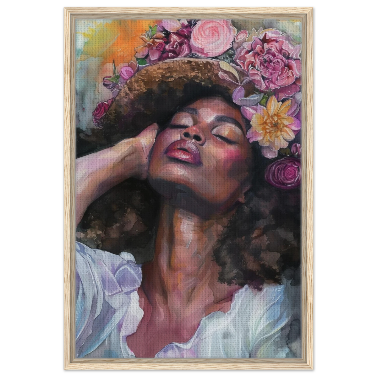 "Bloom in Serenity" – Floral Portrait Watercolor Art | Wall art Print - Framed Canvas - 50x75 cm / 20x30″ - Wood frame