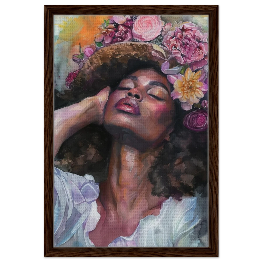 "Bloom in Serenity" – Floral Portrait Watercolor Art | Wall art Print - Framed Canvas - 40x60 cm / 16x24″ - Dark wood frame