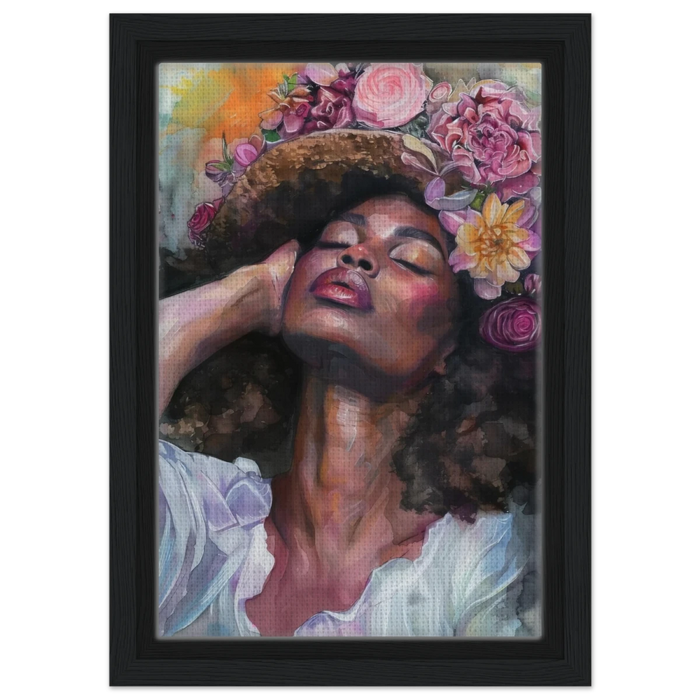 "Bloom in Serenity" – Floral Portrait Watercolor Art | Wall art Print - Framed Canvas - 20x30 cm / 8x12″ - Black frame