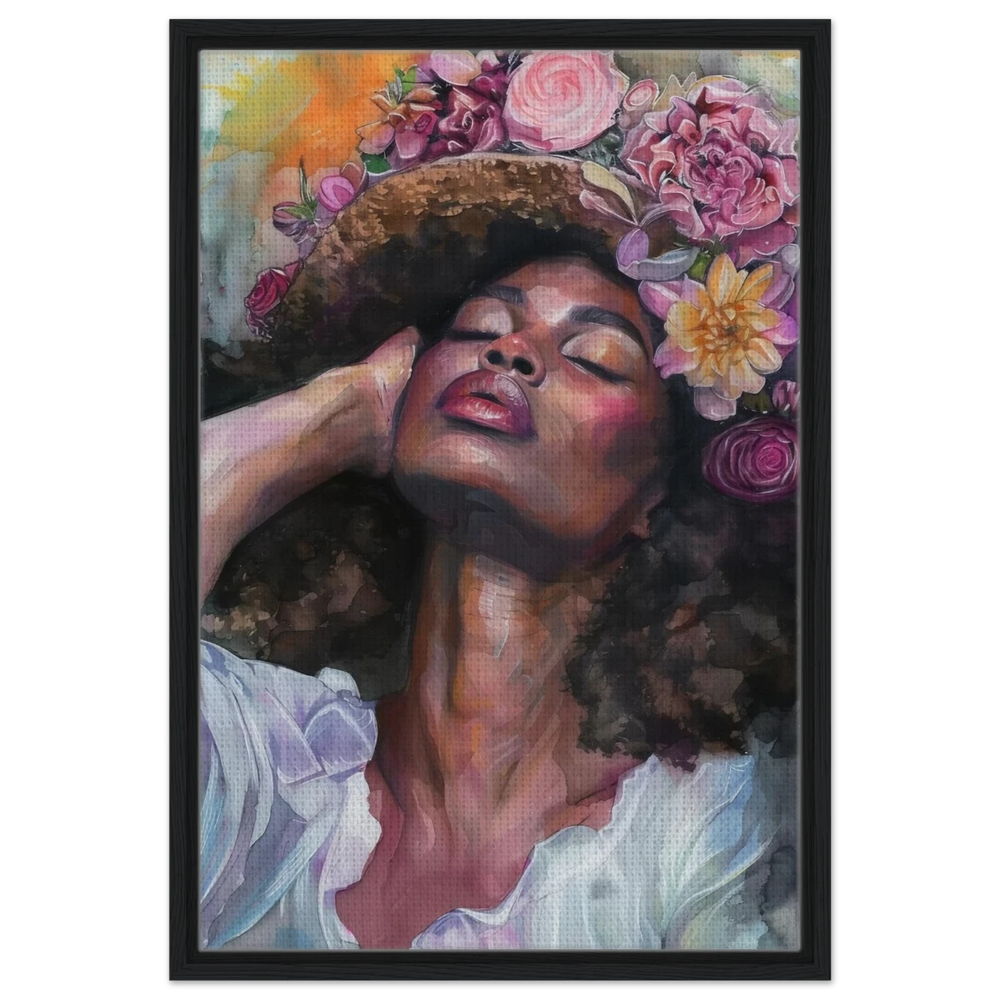 "Bloom in Serenity" – Floral Portrait Watercolor Art | Wall art Print - Framed Canvas - 50x75 cm / 20x30″ - Black frame