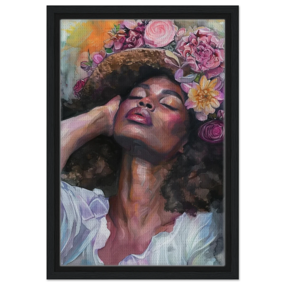 "Bloom in Serenity" – Floral Portrait Watercolor Art | Wall art Print - Framed Canvas - 30x45 cm / 12x18″ - Black frame