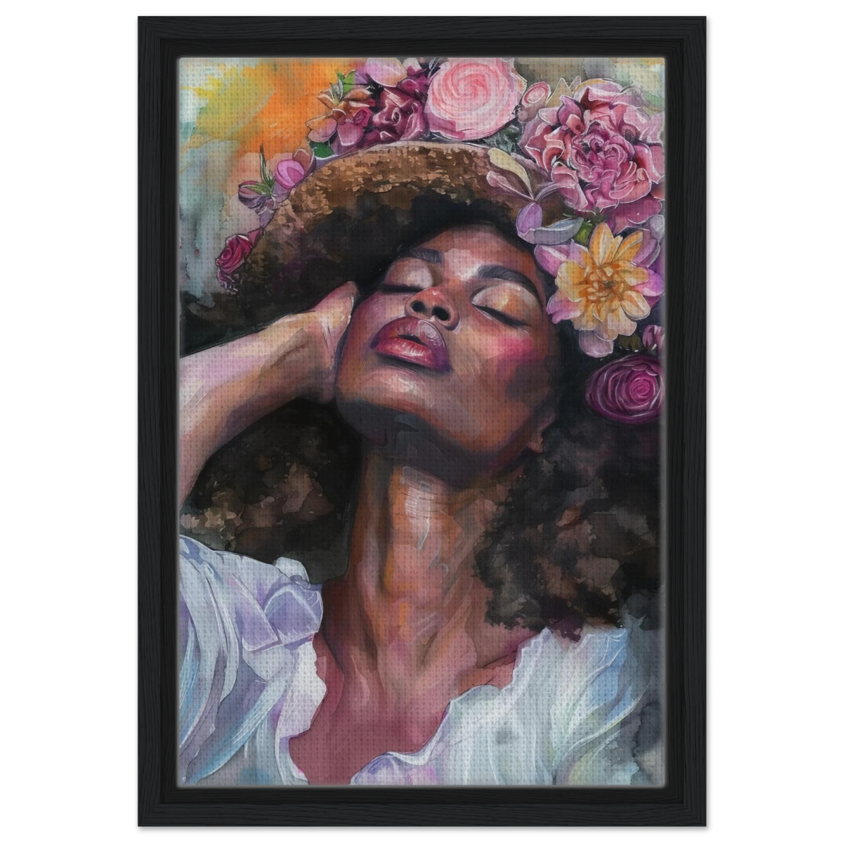 "Bloom in Serenity" – Floral Portrait Watercolor Art | Wall art Print - Framed Canvas - 30x45 cm / 12x18″ - Black frame