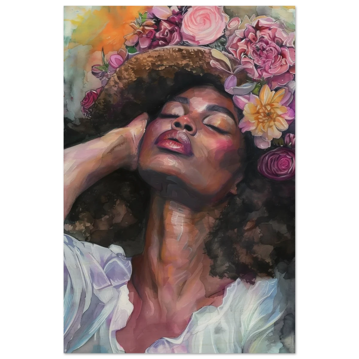 "Bloom in Serenity" – Floral Portrait Watercolor Art | Wall art Print - Wood Prints - 60x90 cm / 24x36″ - 