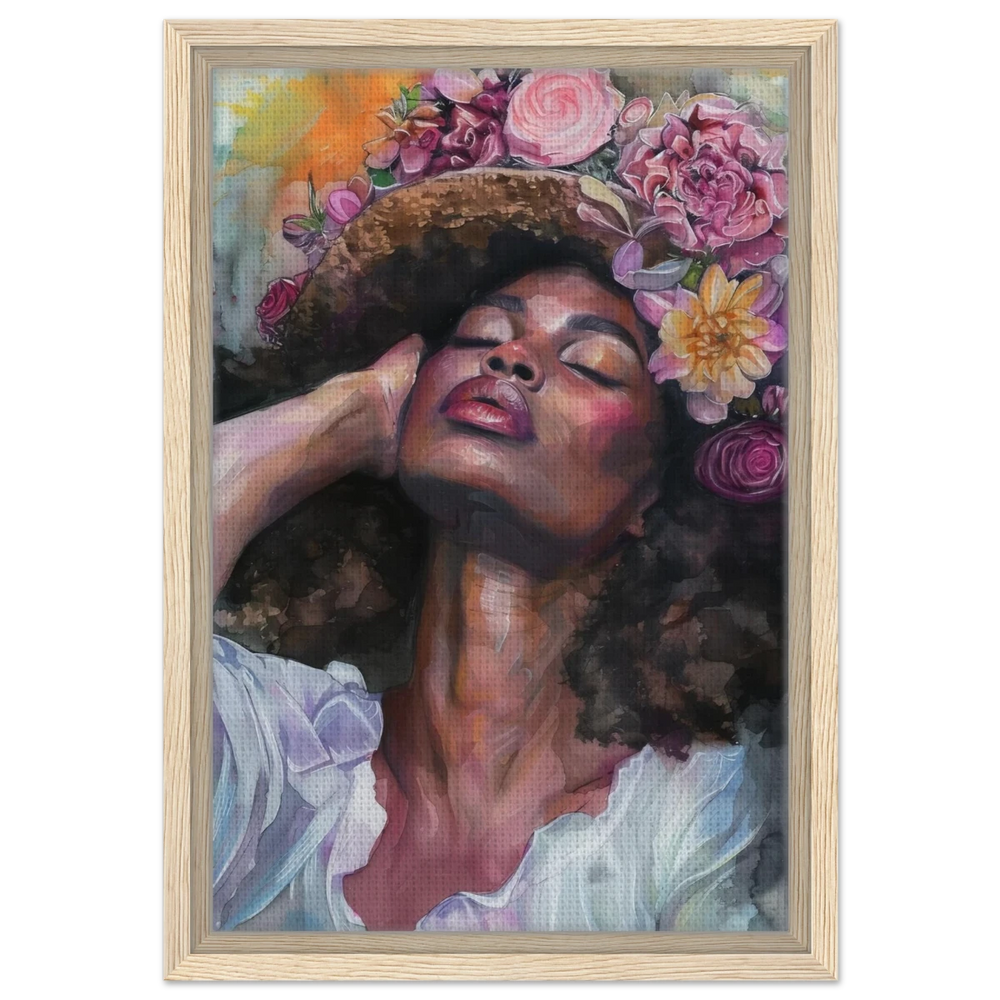 "Bloom in Serenity" – Floral Portrait Watercolor Art | Wall art Print - Framed Canvas - 30x45 cm / 12x18″ - Wood frame