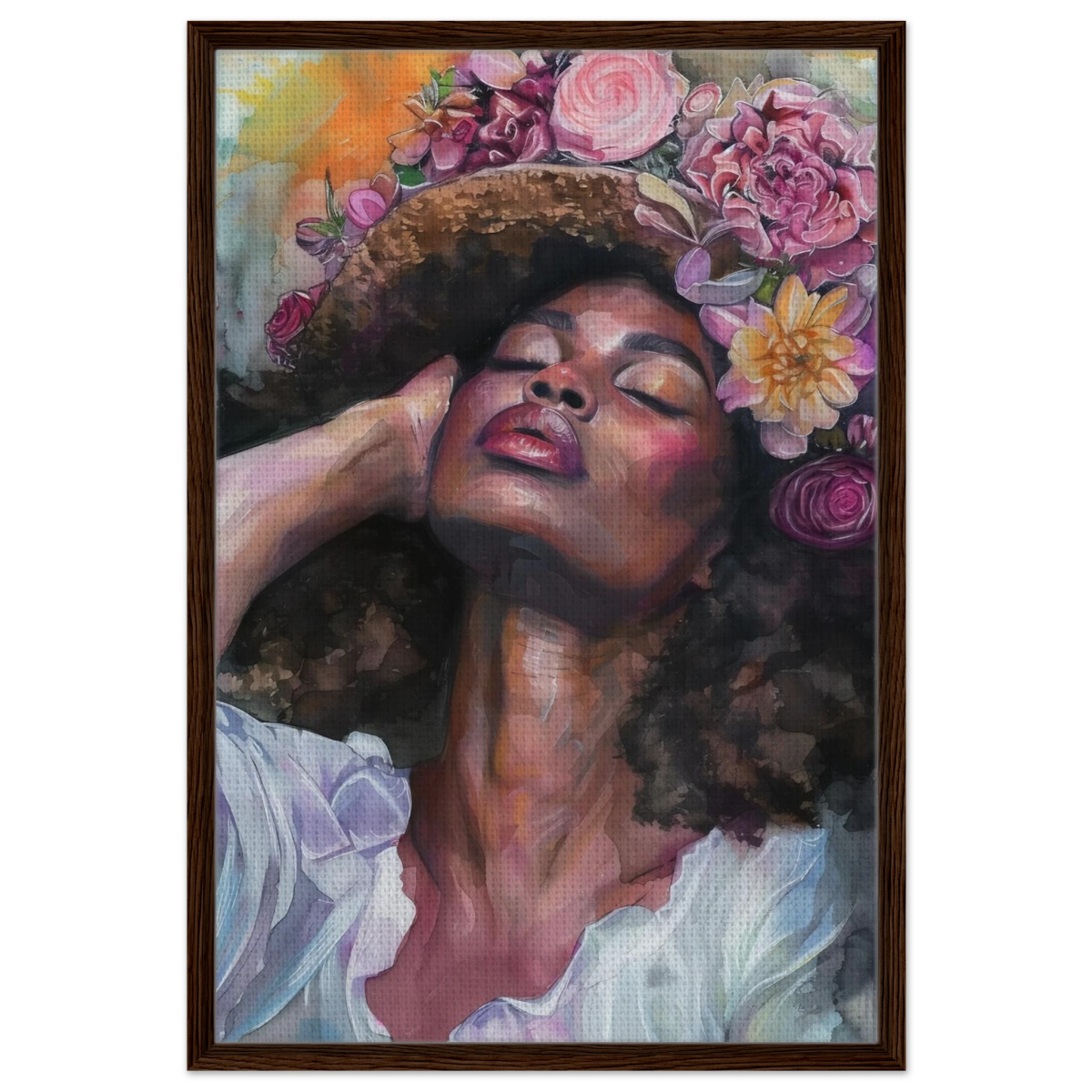 "Bloom in Serenity" – Floral Portrait Watercolor Art | Wall art Print - Framed Canvas - 60x90 cm / 24x36″ - Dark wood frame