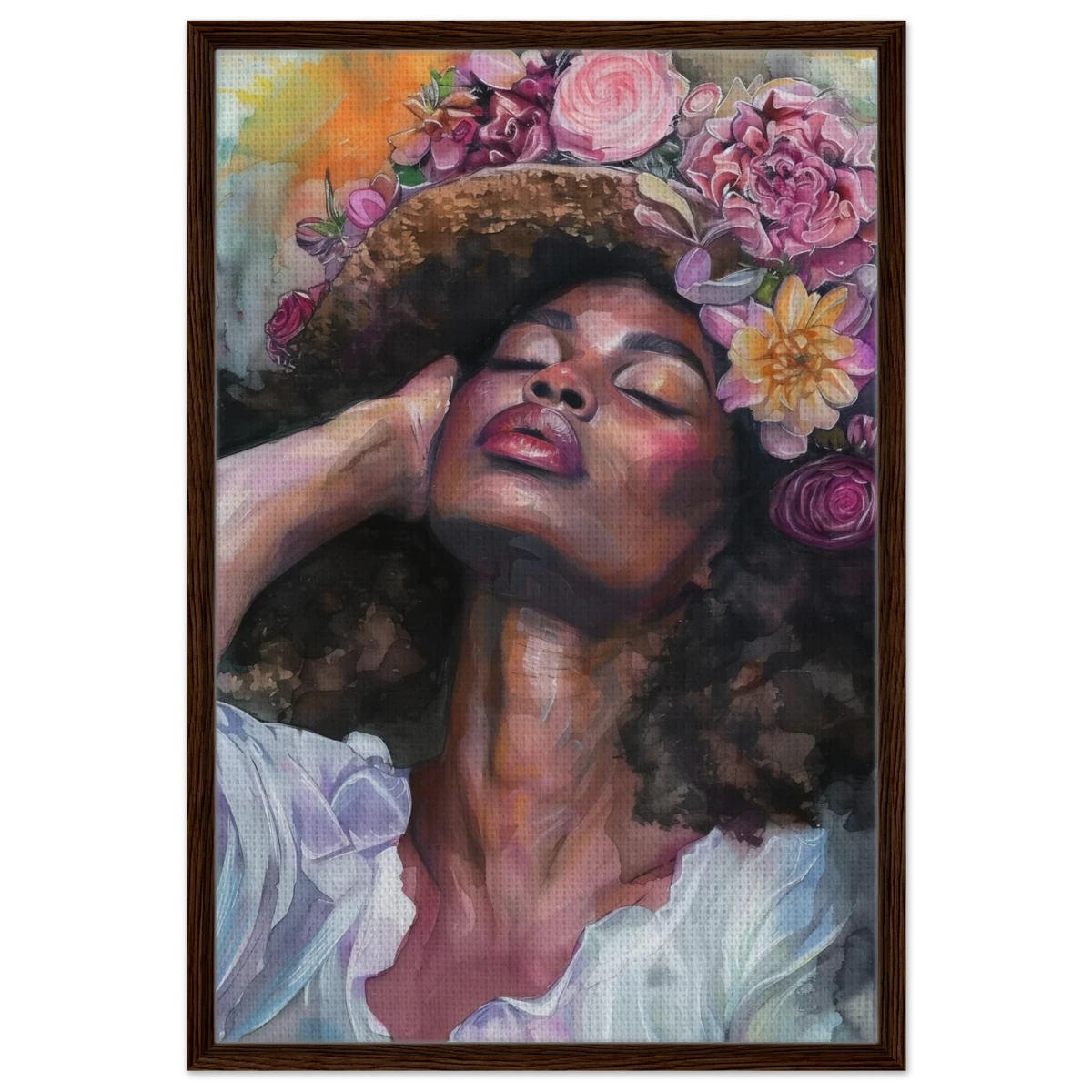 "Bloom in Serenity" – Floral Portrait Watercolor Art | Wall art Print - Framed Canvas - 60x90 cm / 24x36″ - Dark wood frame