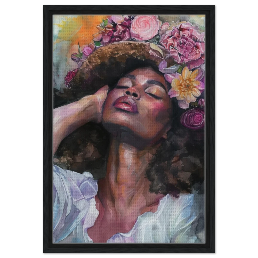 "Bloom in Serenity" – Floral Portrait Watercolor Art | Wall art Print - Framed Canvas - 40x60 cm / 16x24″ - Black frame