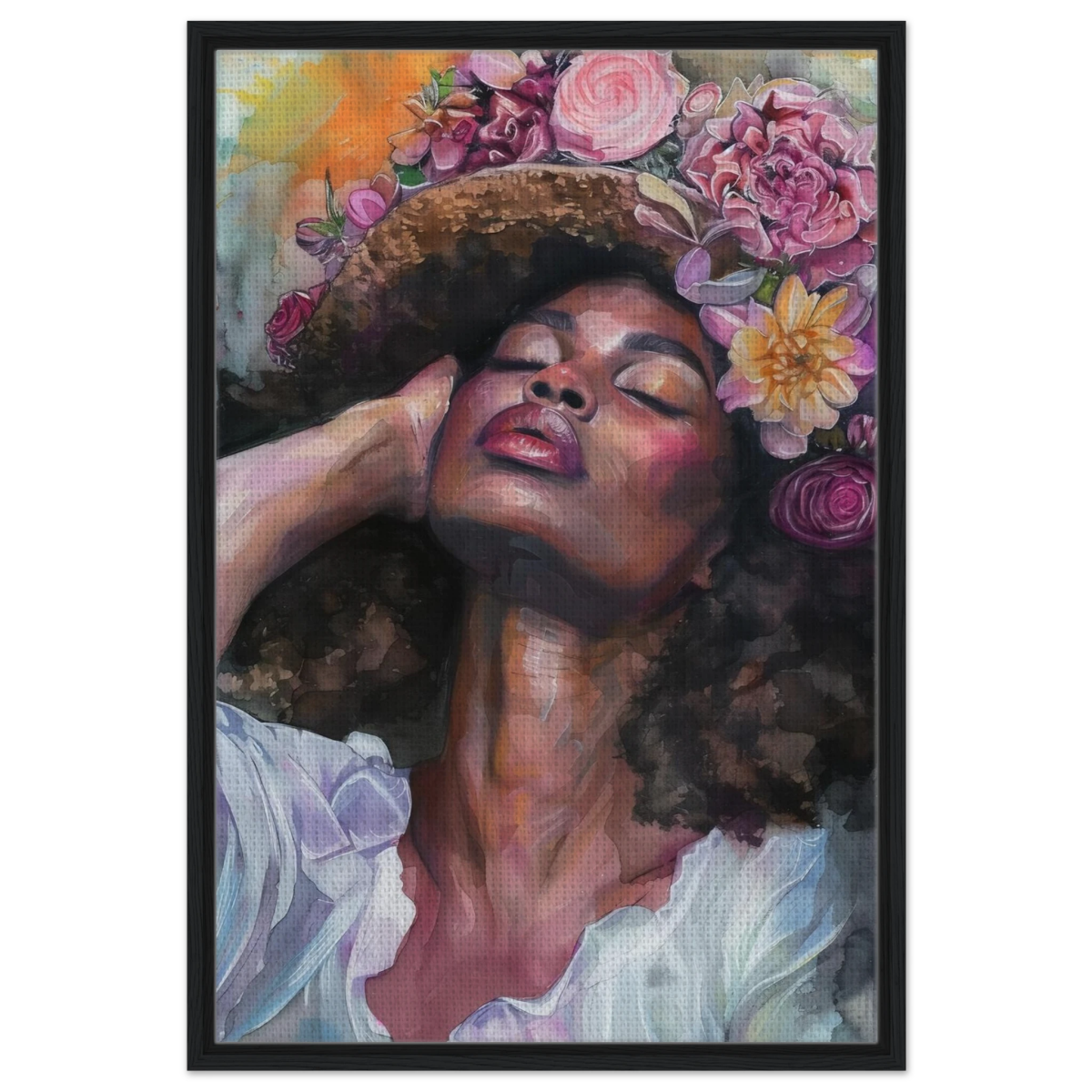 "Bloom in Serenity" – Floral Portrait Watercolor Art | Wall art Print - Framed Canvas - 60x90 cm / 24x36″ - Black frame