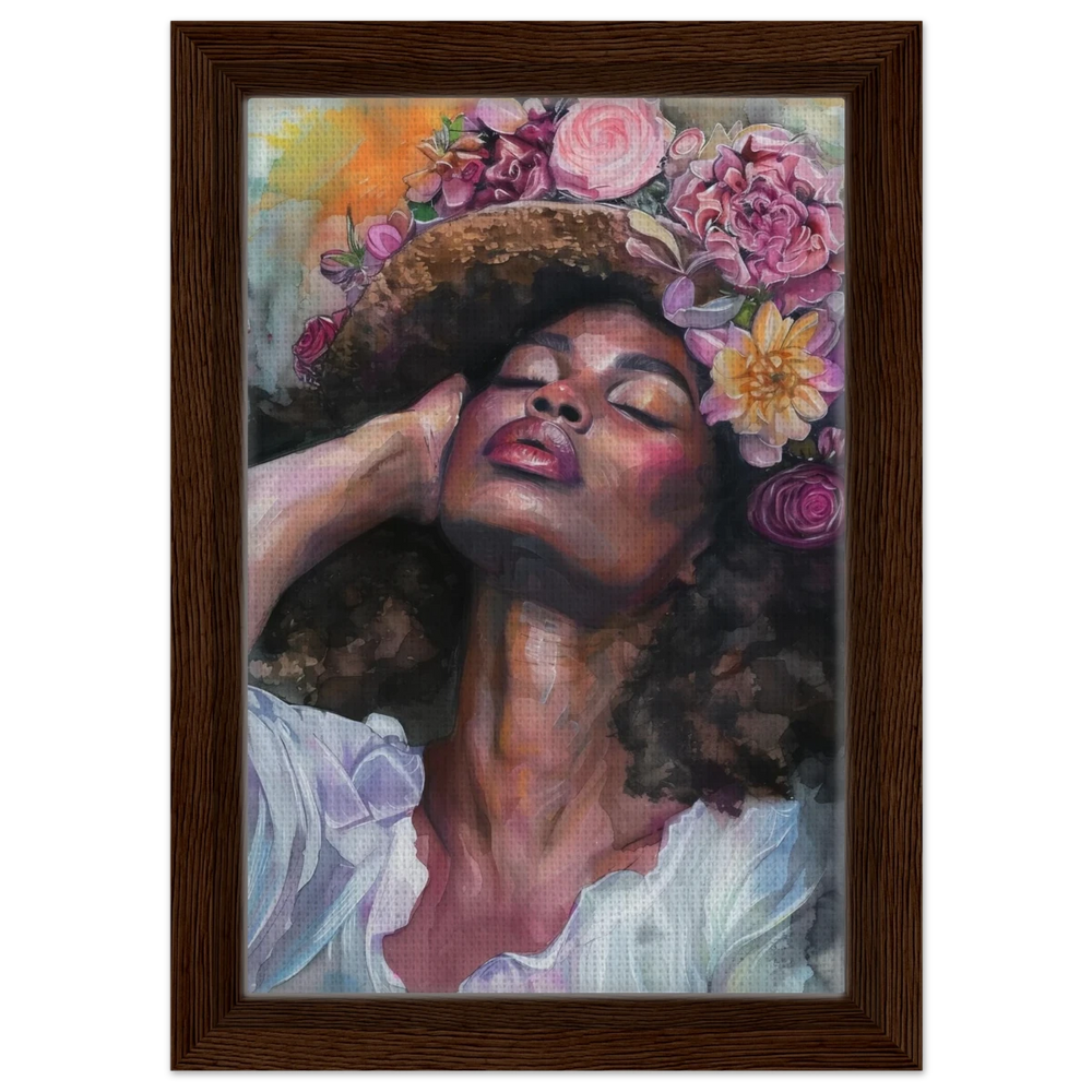 "Bloom in Serenity" – Floral Portrait Watercolor Art | Wall art Print - Framed Canvas - 20x30 cm / 8x12″ - Dark wood frame