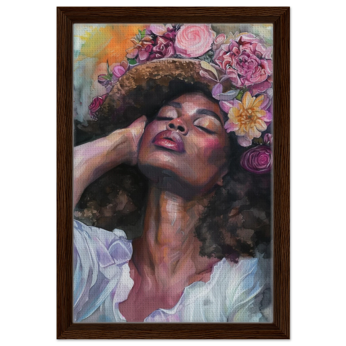 "Bloom in Serenity" – Floral Portrait Watercolor Art | Wall art Print - Framed Canvas - 30x45 cm / 12x18″ - Dark wood frame