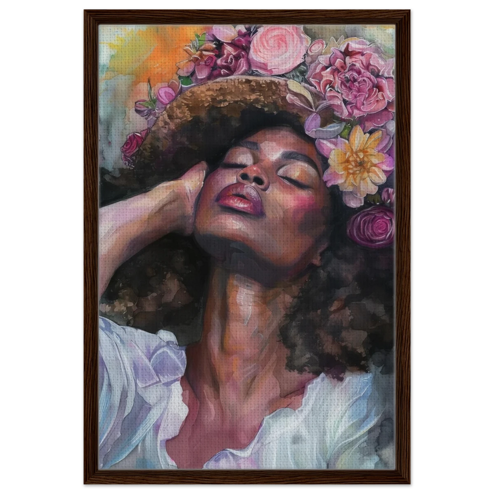 "Bloom in Serenity" – Floral Portrait Watercolor Art | Wall art Print - Framed Canvas - 50x75 cm / 20x30″ - Dark wood frame
