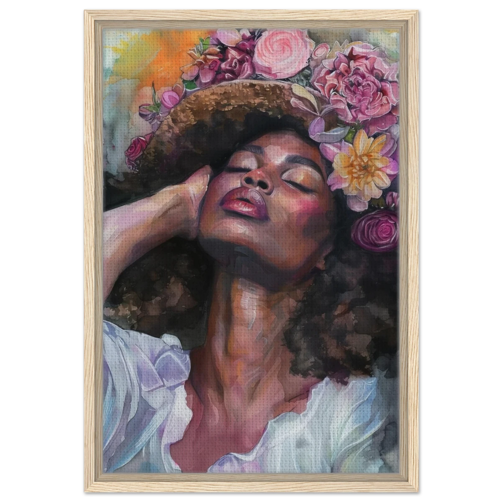 "Bloom in Serenity" – Floral Portrait Watercolor Art | Wall art Print - Framed Canvas - 40x60 cm / 16x24″ - Wood frame