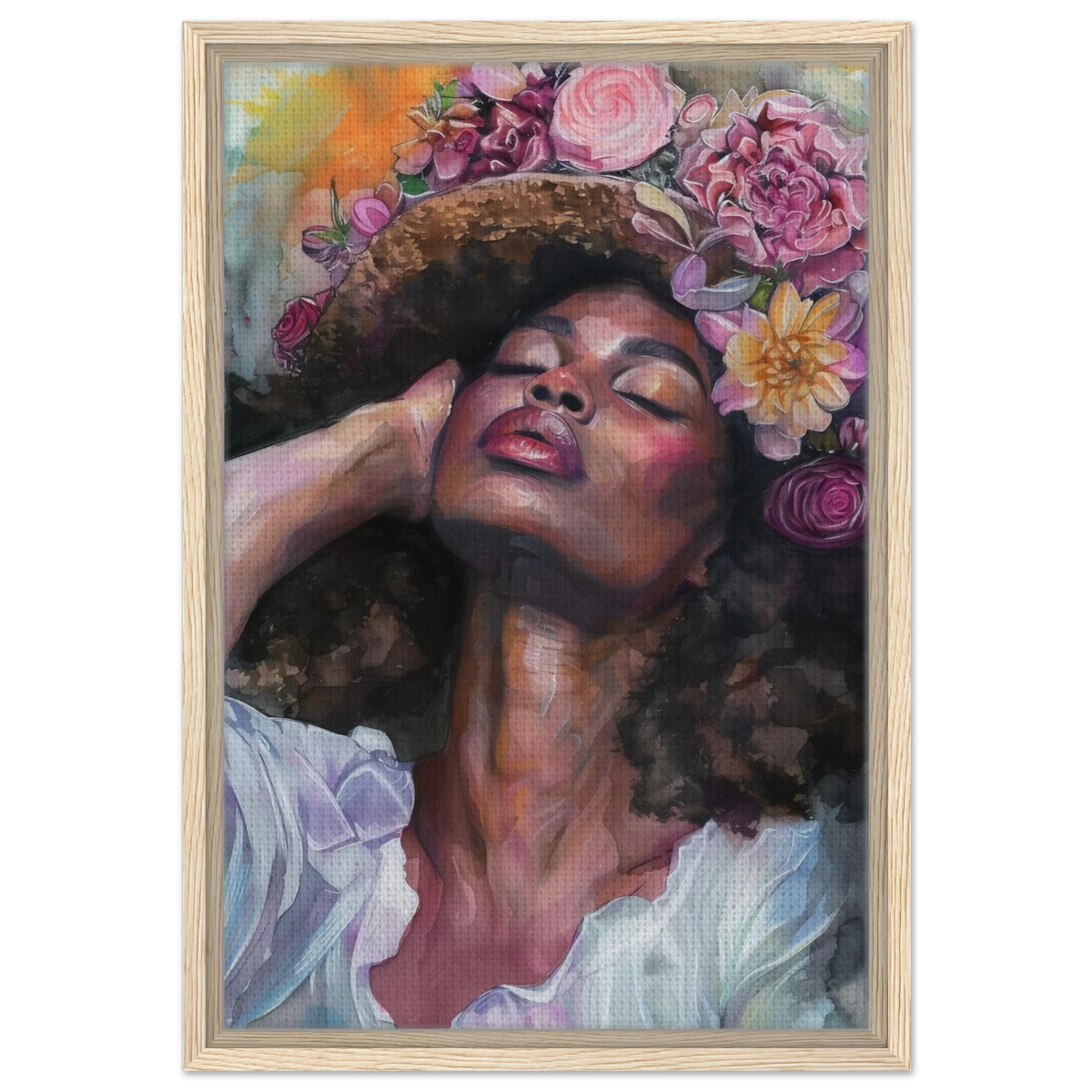 "Bloom in Serenity" – Floral Portrait Watercolor Art | Wall art Print - Framed Canvas - 40x60 cm / 16x24″ - Wood frame