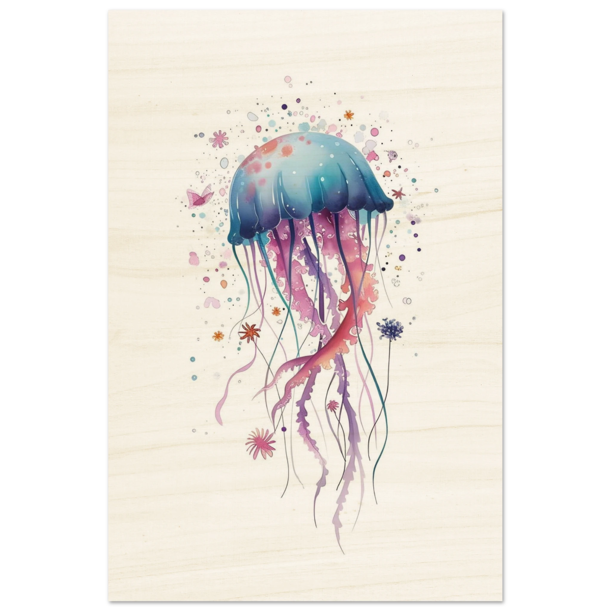 "Bloom in the Deep" – Abstract Jellyfish Wall Art Print - Wood Prints - 30x45 cm / 12x18″ - 