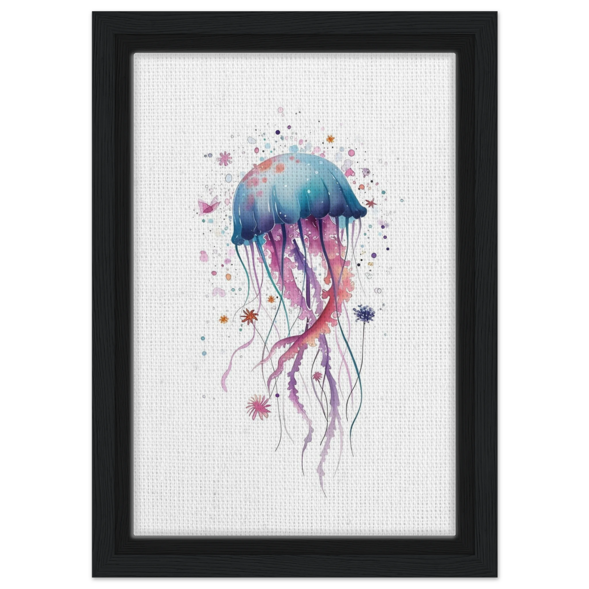 "Bloom in the Deep" – Abstract Jellyfish Wall Art Print - Framed Canvas - 20x30 cm / 8x12″ - Black frame