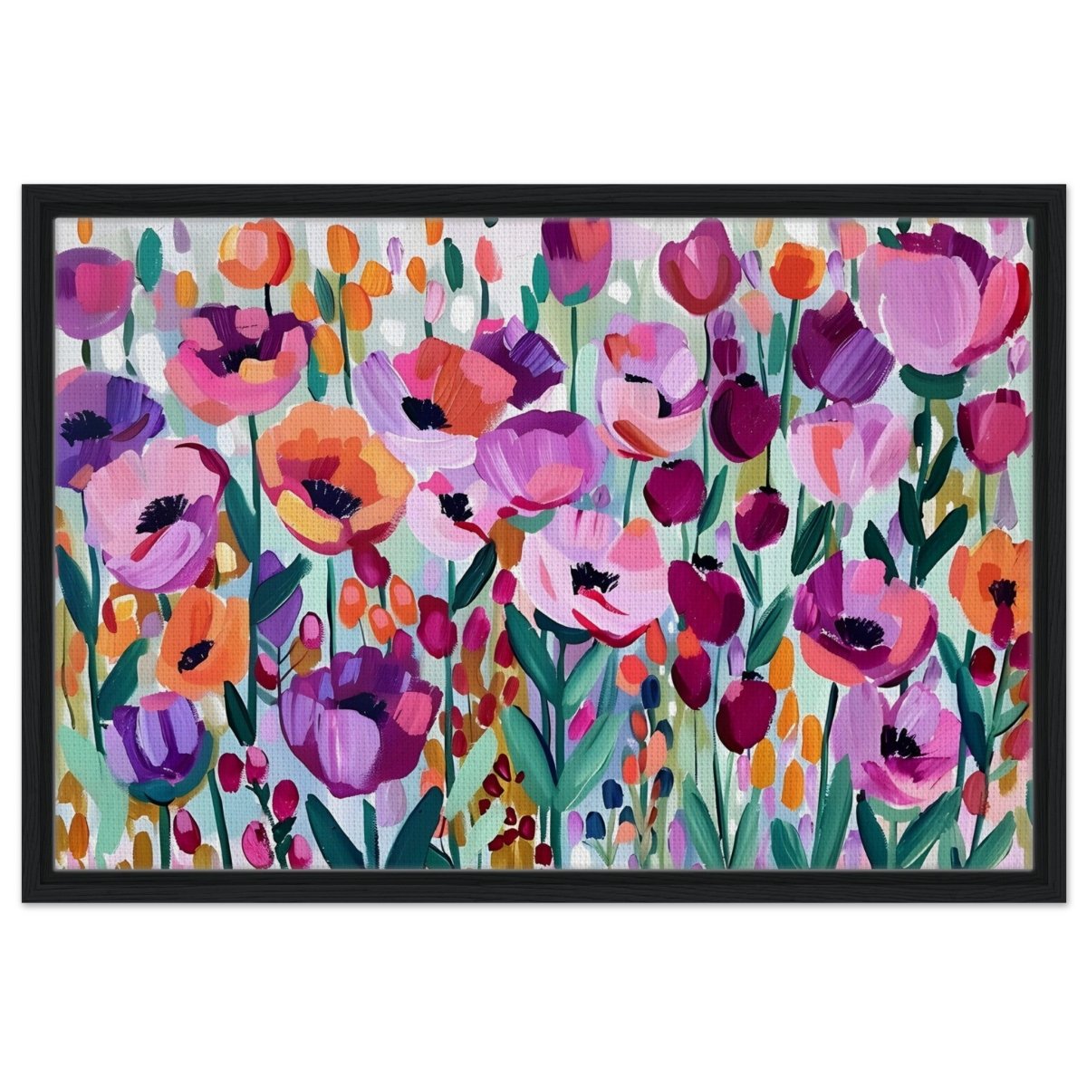 Bloom Symphony: Vibrant Floral Delight | Abstract wall art print - Framed Canvas - 50x75 cm / 20x30″ - Black frame