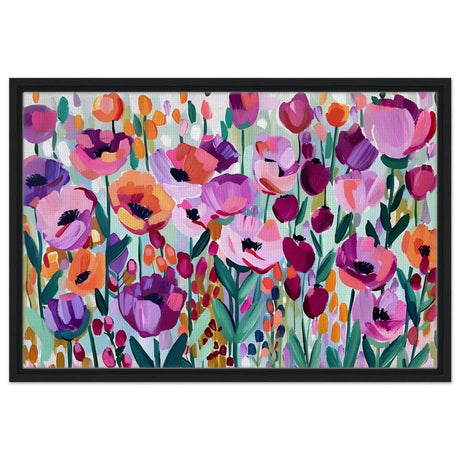 Bloom Symphony: Vibrant Floral Delight | Abstract wall art print - Framed Canvas - 50x75 cm / 20x30″ - Black frame