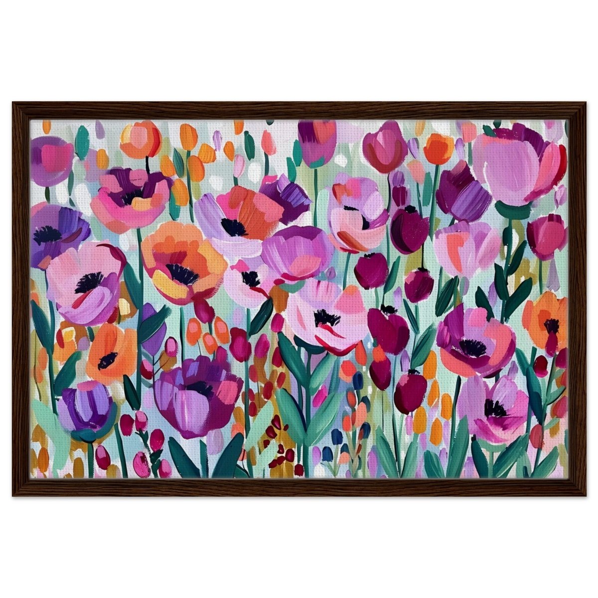 Bloom Symphony: Vibrant Floral Delight | Abstract wall art print - Framed Canvas - 50x75 cm / 20x30″ - Dark wood frame