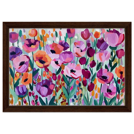 Bloom Symphony: Vibrant Floral Delight | Abstract wall art print - Framed Canvas - 30x45 cm / 12x18″ - Dark wood frame