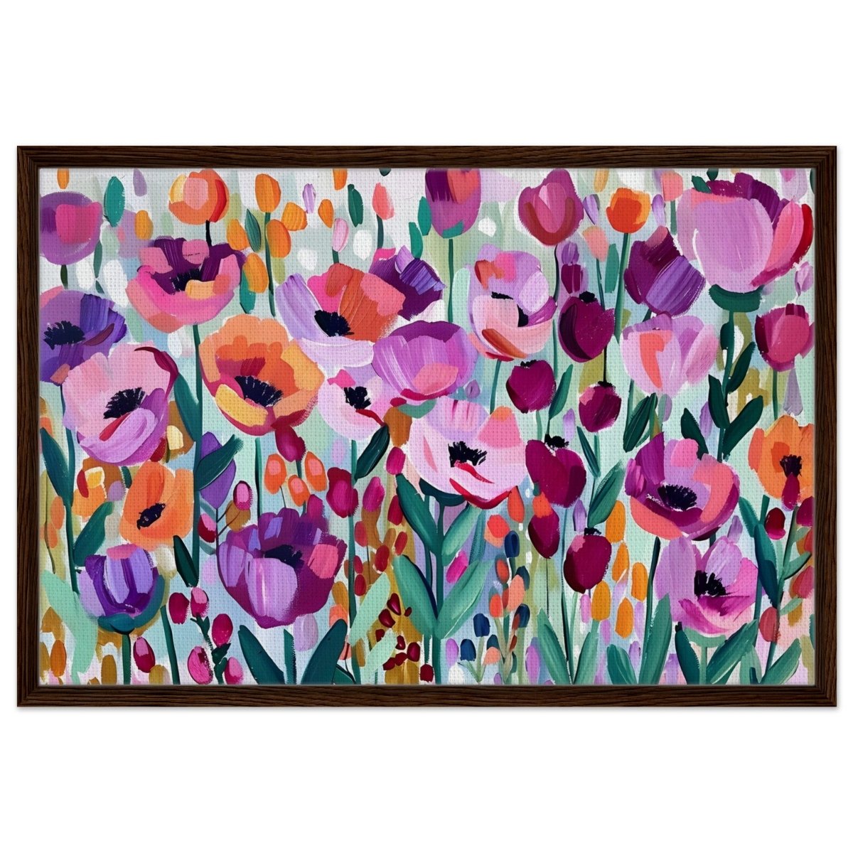 Bloom Symphony: Vibrant Floral Delight | Abstract wall art print - Framed Canvas - 60x90 cm / 24x36″ - Dark wood frame