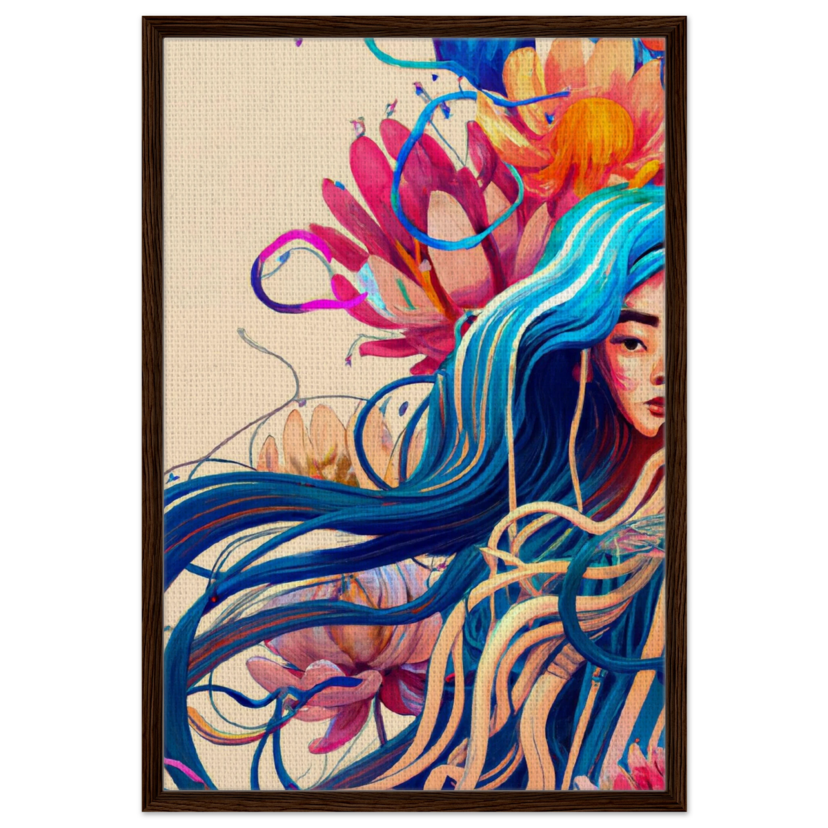 Blooming Whispers – Surreal Floral Femme Fantasy | Wall Art Print - Framed Canvas - 60x90 cm / 24x36″ - Dark wood frame