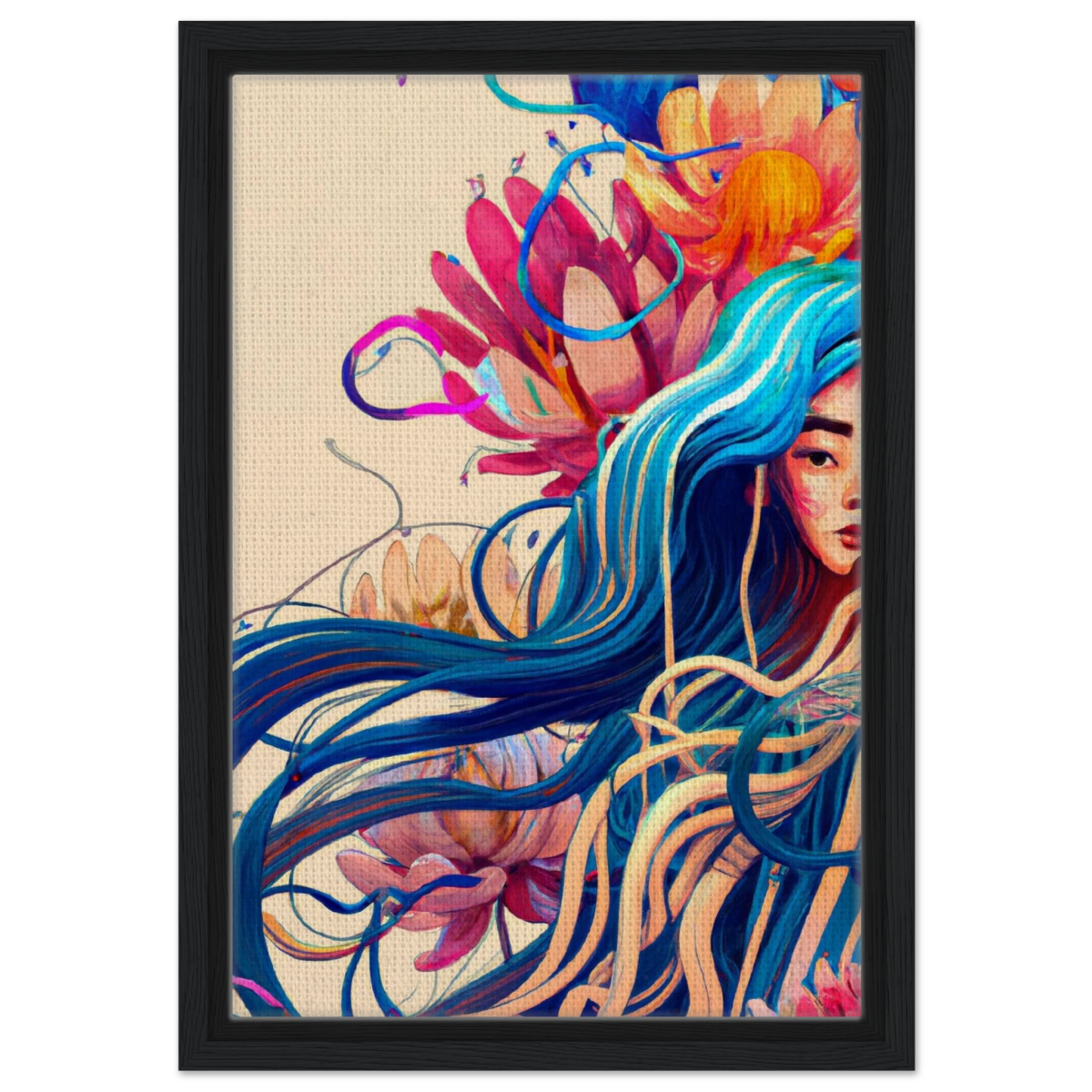 Blooming Whispers – Surreal Floral Femme Fantasy | Wall Art Print - Framed Canvas - 30x45 cm / 12x18″ - Black frame