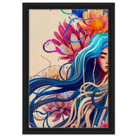 Blooming Whispers – Surreal Floral Femme Fantasy | Wall Art Print - Framed Canvas - 30x45 cm / 12x18″ - Black frame