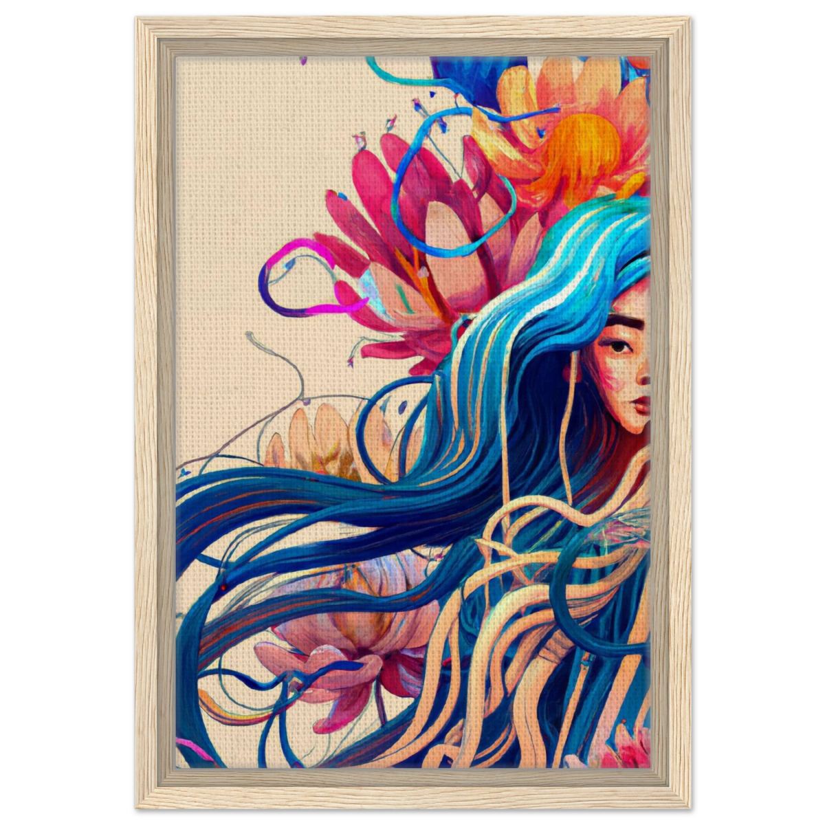 Blooming Whispers – Surreal Floral Femme Fantasy | Wall Art Print - Framed Canvas - 30x45 cm / 12x18″ - Wood frame