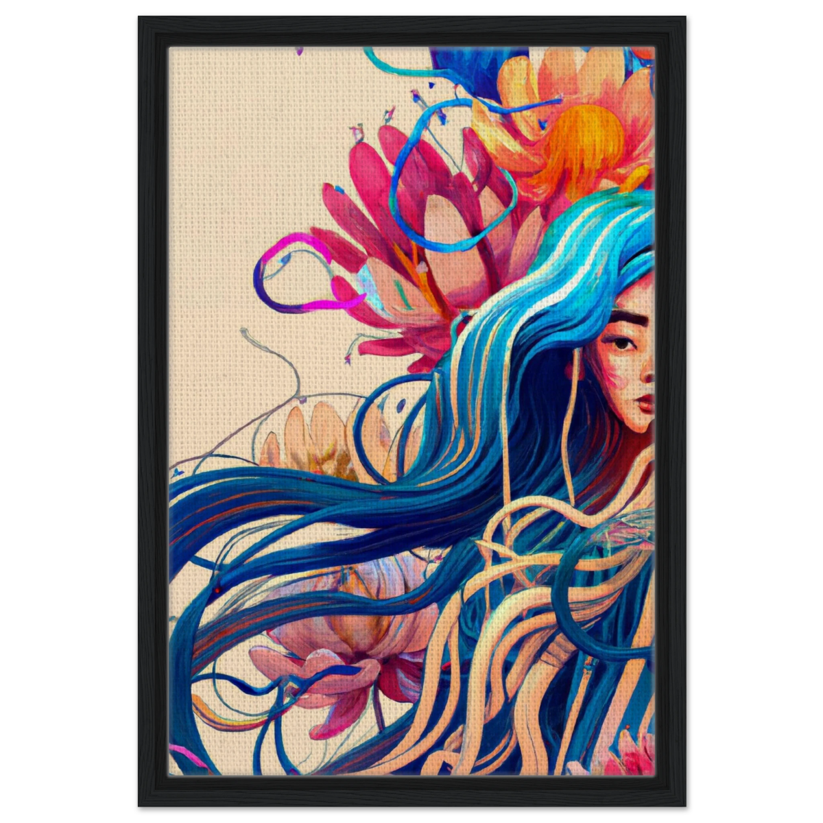 Blooming Whispers – Surreal Floral Femme Fantasy | Wall Art Print - Framed Canvas - 40x60 cm / 16x24″ - Black frame