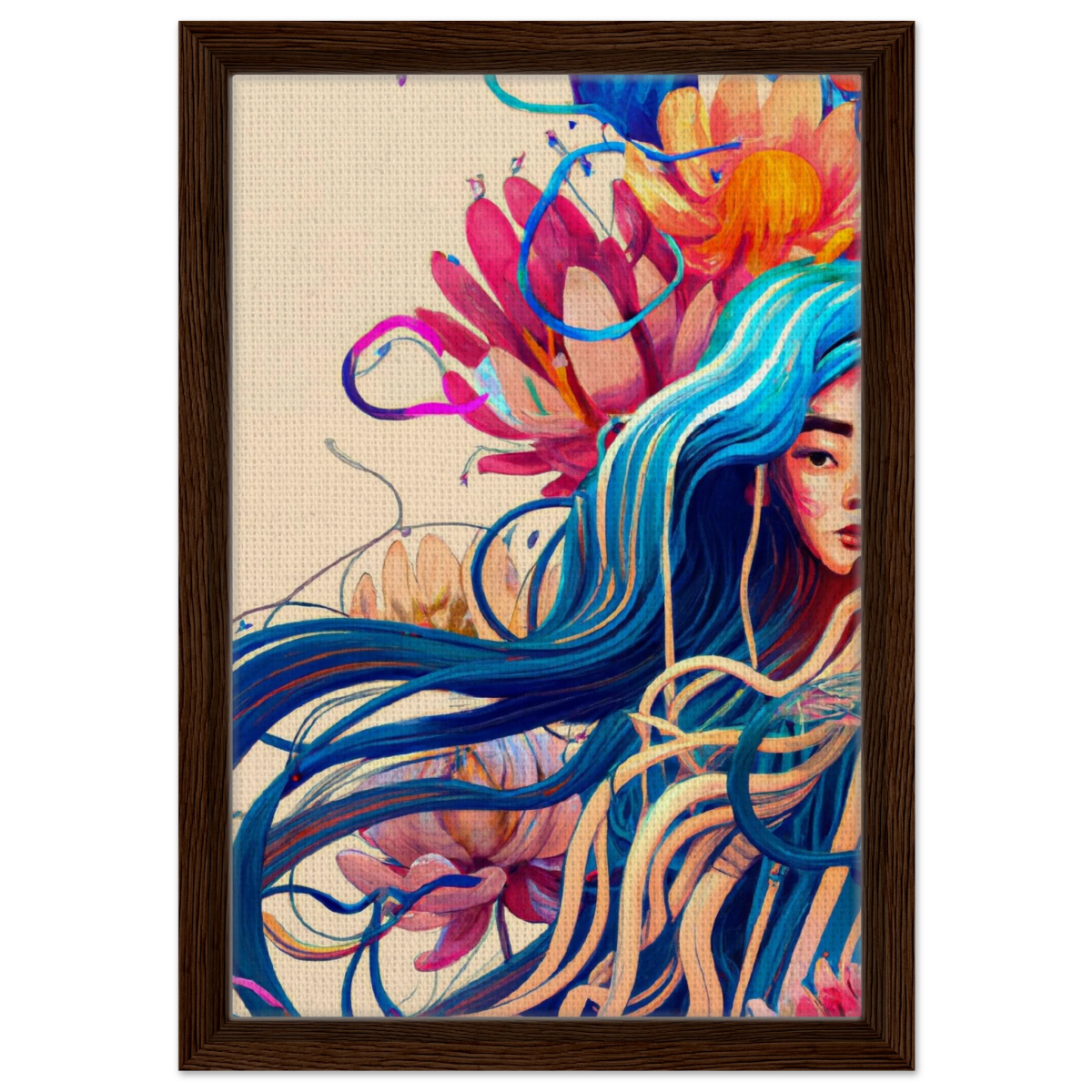 Blooming Whispers – Surreal Floral Femme Fantasy | Wall Art Print - Framed Canvas - 30x45 cm / 12x18″ - Dark wood frame