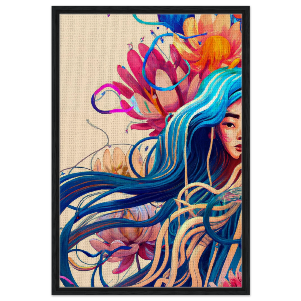 Blooming Whispers – Surreal Floral Femme Fantasy | Wall Art Print - Framed Canvas - 60x90 cm / 24x36″ - Black frame