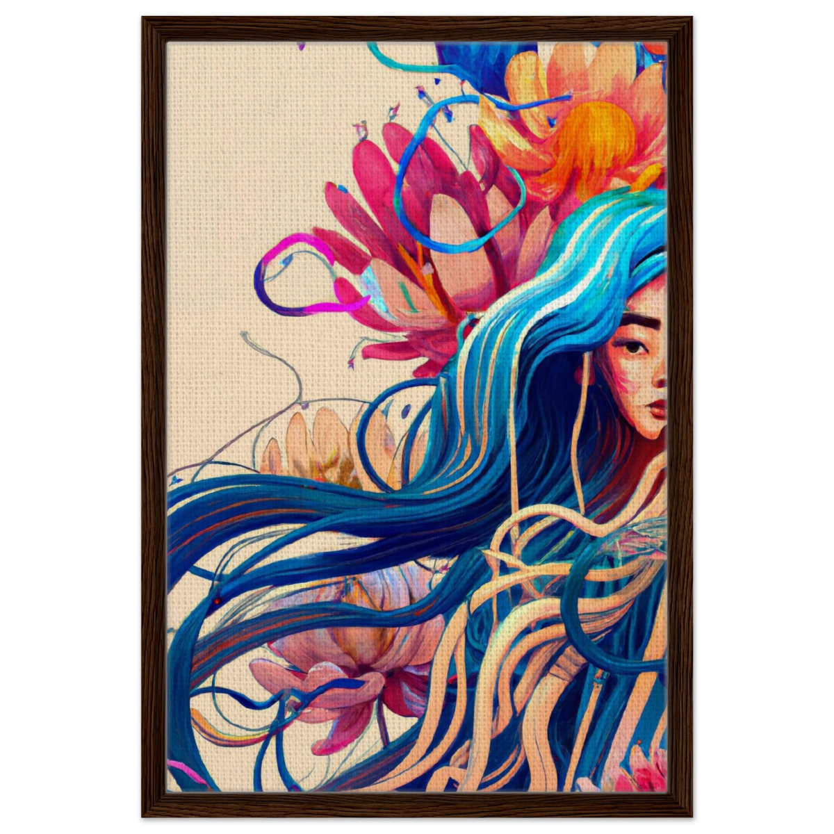 Blooming Whispers – Surreal Floral Femme Fantasy | Wall Art Print - Framed Canvas - 50x75 cm / 20x30″ - Dark wood frame