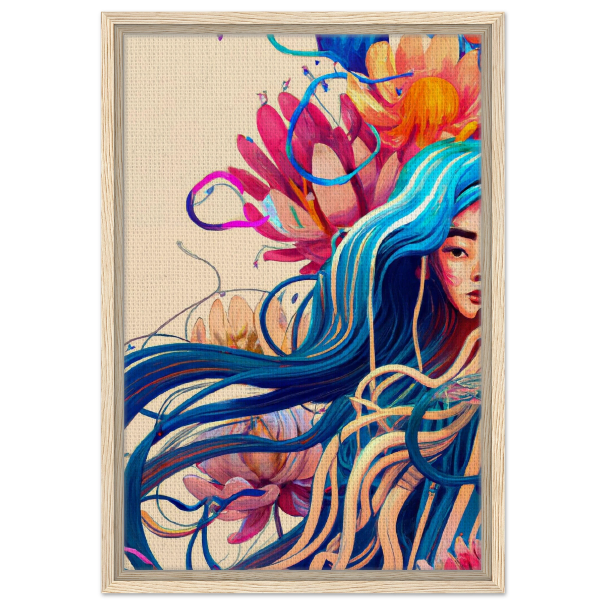 Blooming Whispers – Surreal Floral Femme Fantasy | Wall Art Print - Framed Canvas - 40x60 cm / 16x24″ - Wood frame