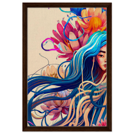 Blooming Whispers – Surreal Floral Femme Fantasy | Wall Art Print - Framed Canvas - 40x60 cm / 16x24″ - Dark wood frame