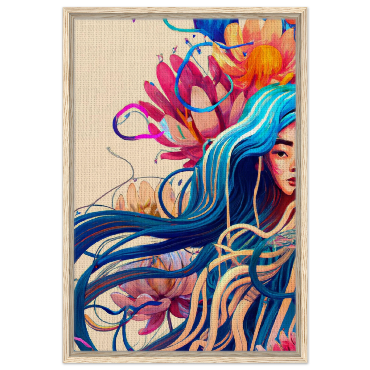 Blooming Whispers – Surreal Floral Femme Fantasy | Wall Art Print - Framed Canvas - 50x75 cm / 20x30″ - Wood frame
