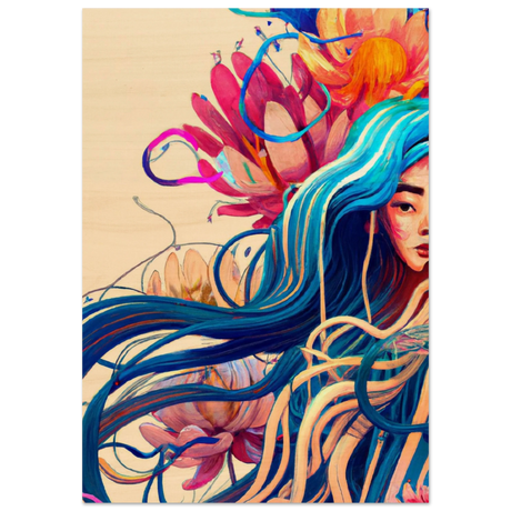 Blooming Whispers – Surreal Floral Femme Fantasy | Wall Art Print - Wood Prints - 70x100 cm / 28x40″ - 