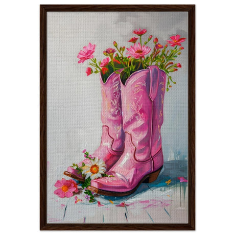 Blossom Boots: A Whimsical Celebration of Color and Charm | Contemporary Whimsical Art - Framed Canvas - 50x75 cm / 20x30″ - Dark wood frame